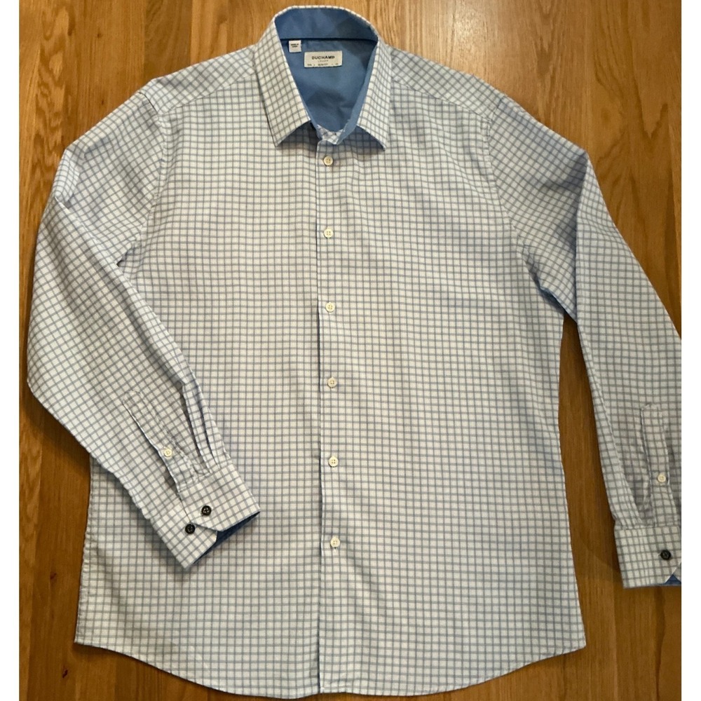 Duchamp London Shirt Mens XL Slim Fit Blue Windowpane Check Stretch Cotton